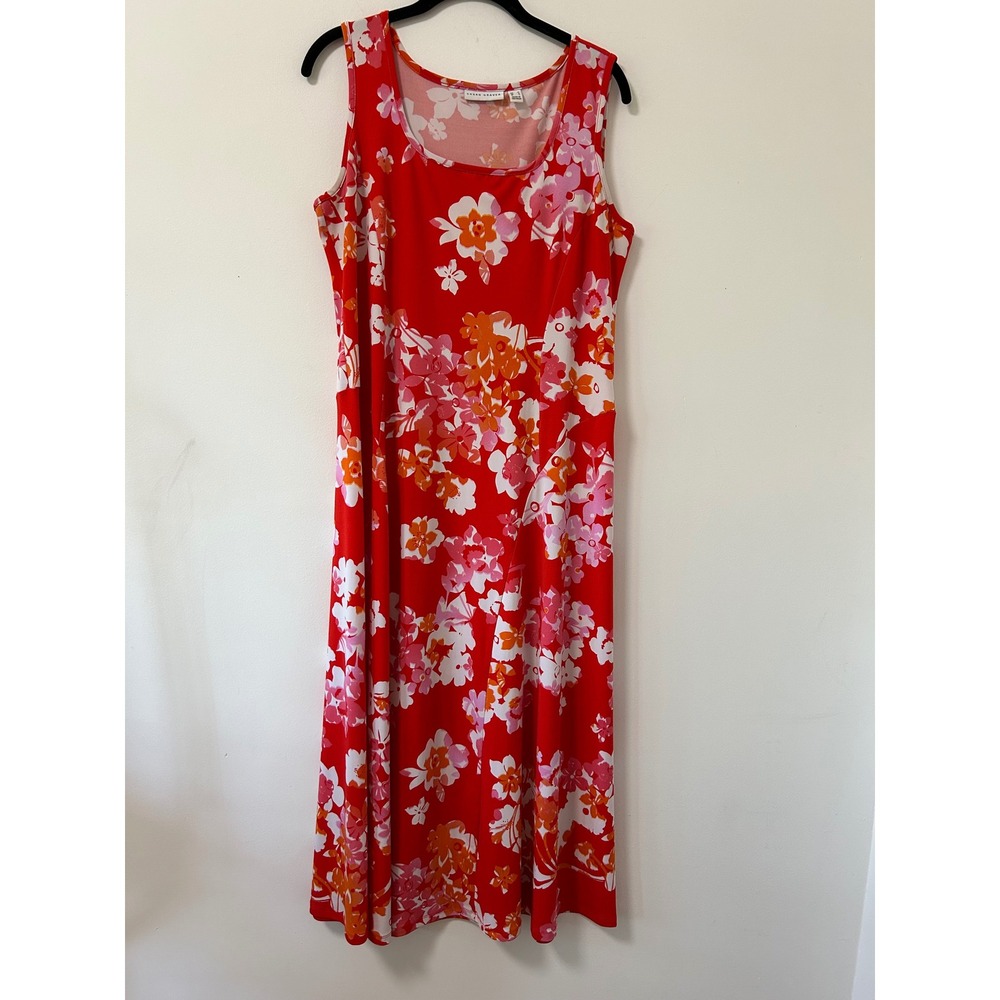 Susan Graver Floral Maxi Dress Womens XL Red‎ Sleeveless Excellent Stretch Knit